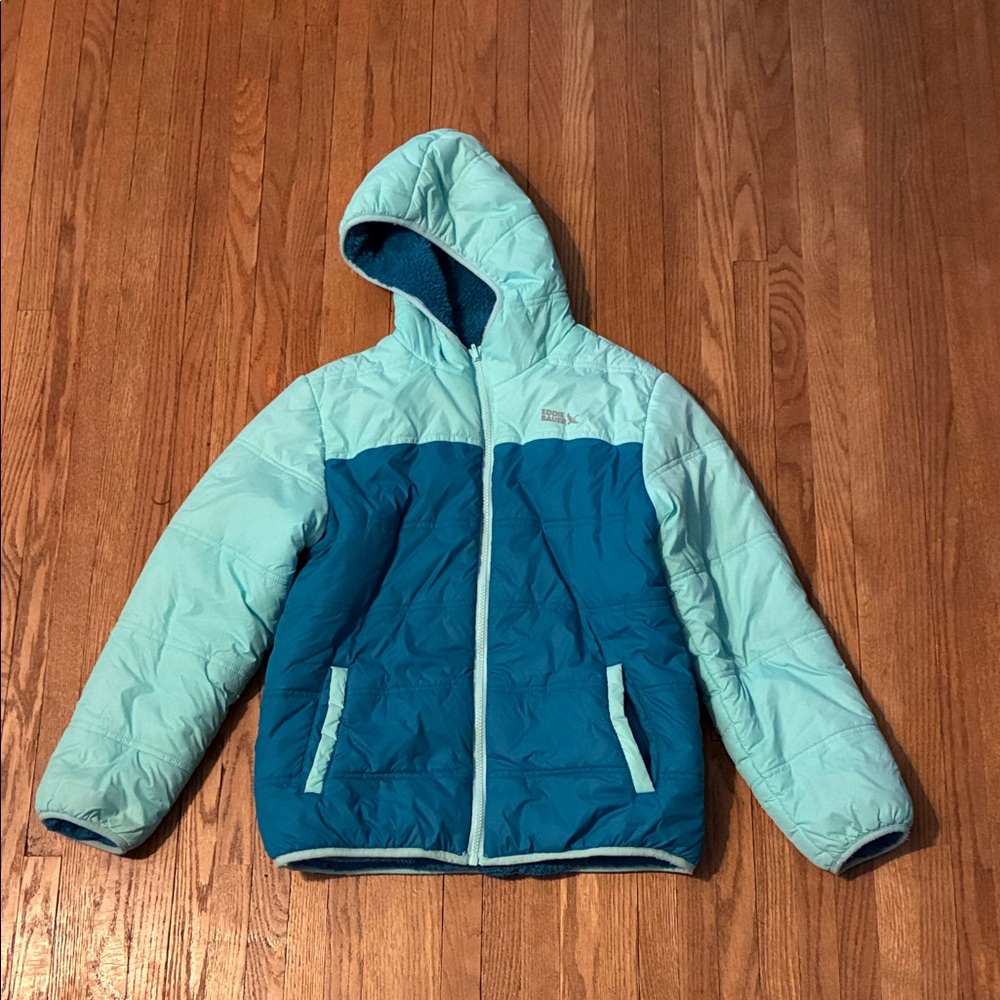 Eddie Bauer Kids Reversible Fleece Puffer Jacket - Teal and Blue. Some markings